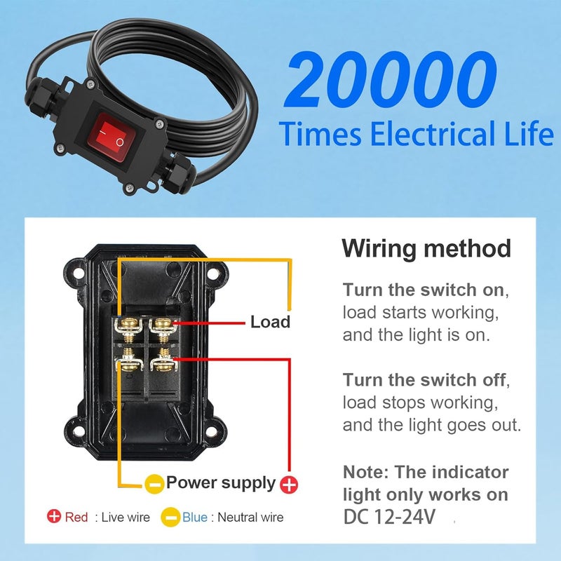 Tevacohn IP67 Waterproof Inline Cord Switch 12V-24V, ON/Off DC Power Switch with Red LED Light, 4-Pin DPST Rocker Switch with 14AWG Wire for Automotive, Marine, Outdoor, RV, Boats, Solar (with Copper Wire) - Image 5